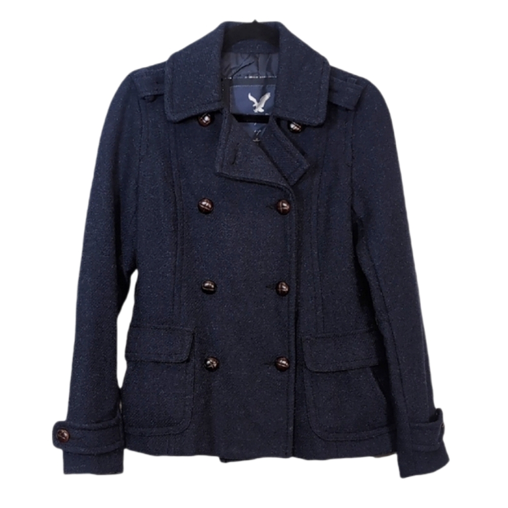 American Eagle Navy Blue Wool Blend Double Breasted Pea Coat Military Small